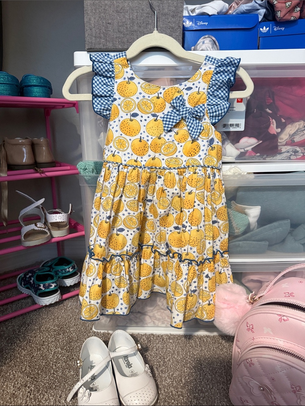Girls Lemon Print Sundress with Gingham Ruffle